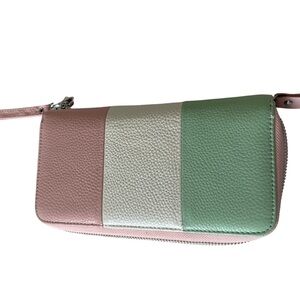 Green White Pink Color-Blocked Wallet with Textured Finish